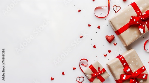 valentine day background with gift boxes red ribbon and hearts on white background top view flat lay