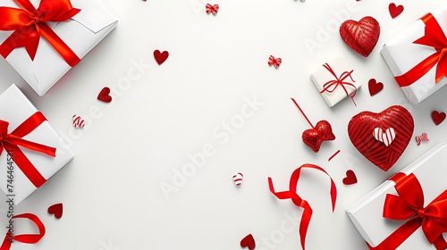 valentine day background with gift boxes red ribbon and hearts on white background top view flat lay