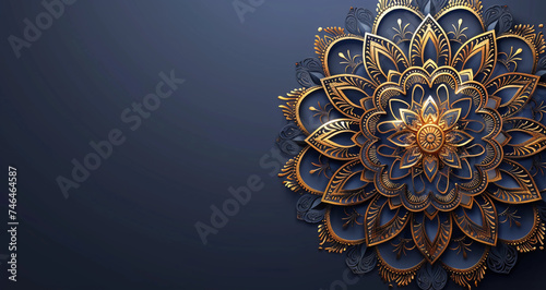 Bluish Golden Mandalas with complex Indian designs on a banner with space for copy