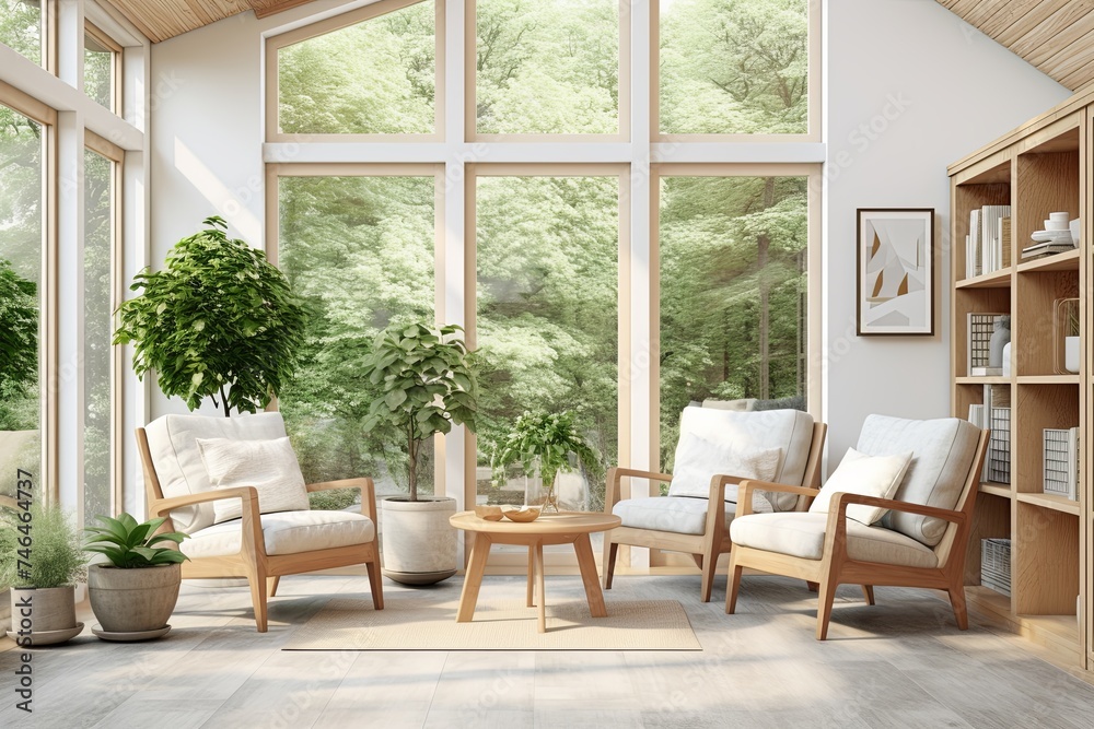 Fototapeta premium Fresh Sunroom Oasis: Plant-Focused Decor with Minimalist Table and Natural Light