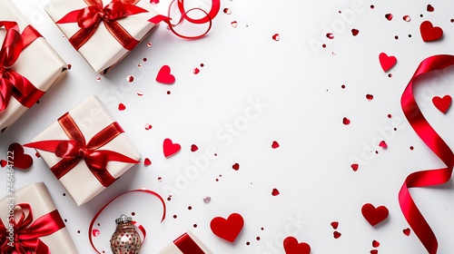 valentine day background with gift boxes red ribbon and hearts on white background top view flat lay