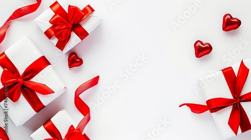 valentine day background with gift boxes red ribbon and hearts on white background top view flat lay