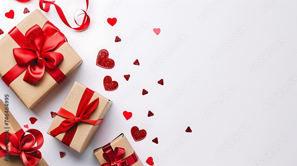 valentine day background with gift boxes red ribbon and hearts on white background top view flat lay