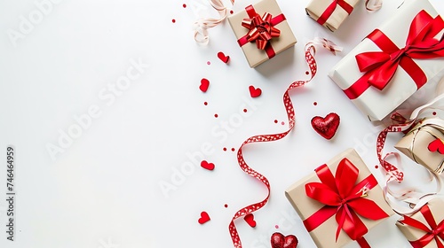 valentine day background with gift boxes red ribbon and hearts on white background top view flat lay
