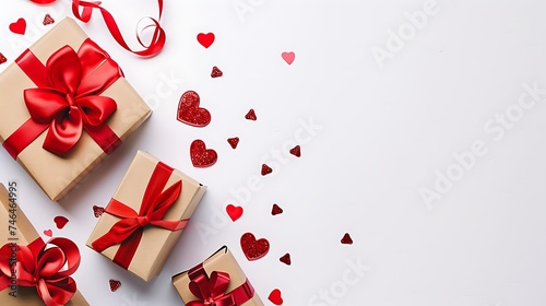 valentine day background with gift boxes red ribbon and hearts on white background top view flat lay