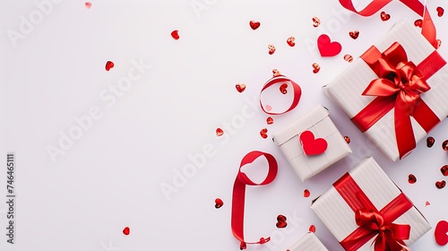 valentine day background with gift boxes red ribbon and hearts on white background top view flat lay