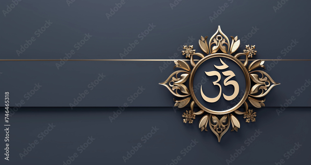 Minimalistic Indian designs with golden Omkara on a plain banner with space for copy
