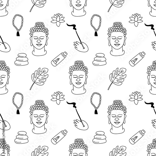 Hand drawn yoga elements seamless pattern. Buddha statue, aroma stick, flower, mantra beads and items