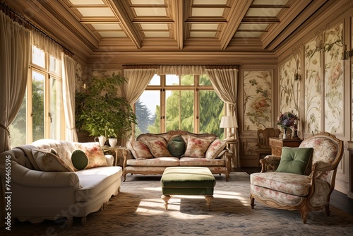 Countryside Retreat: Ornate Ceiling, Fabric Lounge Chairs, Beige Sofa Spots © Michael