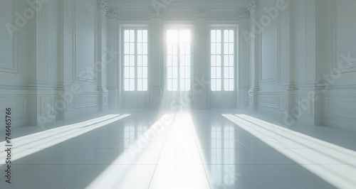 Dark white empty corridor with white light entering the room through the side windows