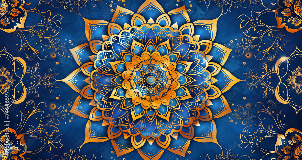 Bluish Golden Mandalas with complex Indian designs on a banner as wallpaper Bluish Golden Mandalas with complex Indian designs on a banner as wallpaper