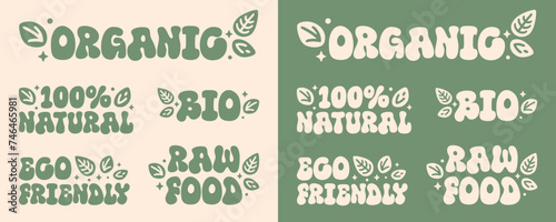 Eco-friendly organic 100% natural bio letterings bundle pack set. Sustainable leaves leaf concept. Label for ecological beauty and food products. Groovy retro vintage aesthetic printable text vector.