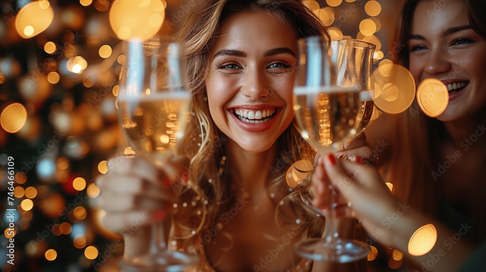 Champagne Toast: The lucky winner of a lottery jackpot celebrates with friends and family, popping open bottles of champagne and toasting - obrazy, fototapety, plakaty 