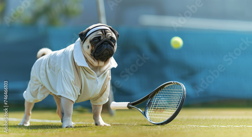 Pug dog playing tennis, wearing appropriate white tennis shorts and shirt with a headband holding a tennis racket. sports and animals. dressed like a person. Racket in paws photo
