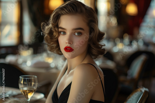 Beautiful young woman with red lips in elegant black dress posing in restaurant