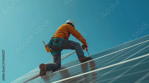 Electrician installing solar panels on a roof of a house. Sun’s energy, green energy concept. Technician working with solar batteries. Man worker repairing panels. Sustainable renewable solar power