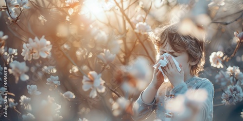 banner Child sneezing into handkerchief, spring, flowering plants, concept allergy, with copy space photo