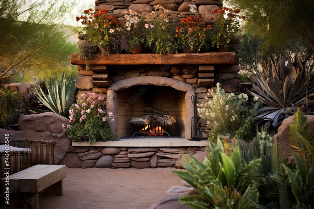 Fototapeta premium Rustic Stone Fireplace in Desert Landscape: Desert-Inspired Flora Designs