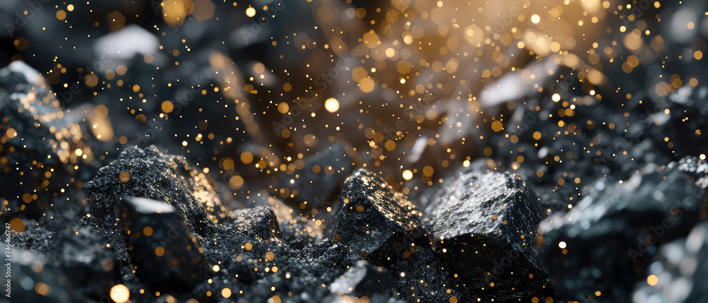 Stone, shiny crystals.Textured background with exploding particles, golden elements, lights. explosion of rocks. Generative ai. - obrazy, fototapety, plakaty 