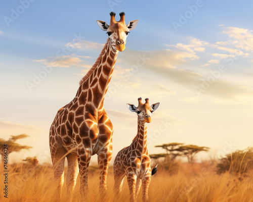 Giraffes and baby giraffes are ruminants. Their distinctive features are tall animals, long legs,
 long necks, and a pair of horns. Their bodies are yellow and dark brown with stripes. Africa photo