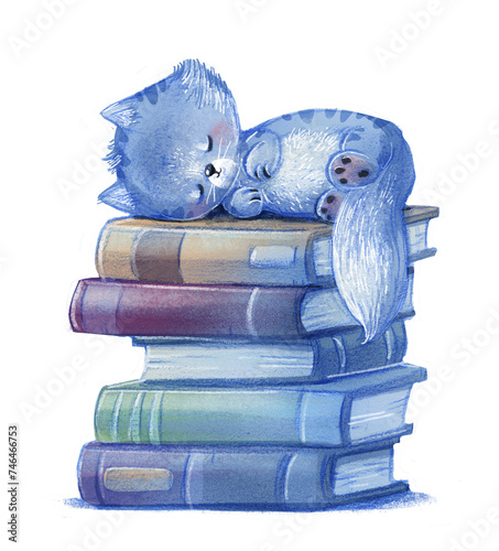 Cat sleeping on top of a pile of books