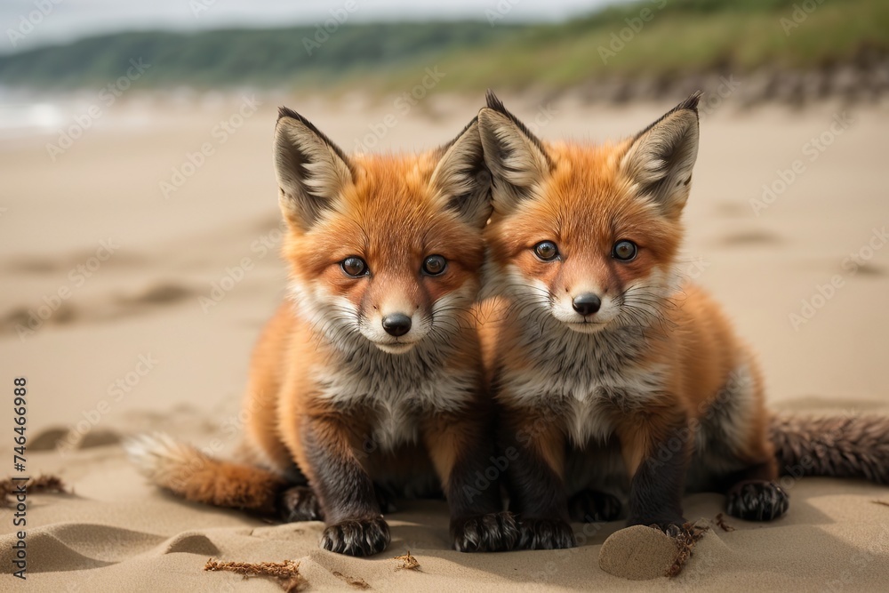 Obraz premium wild baby red foxes cuddling at the beach june