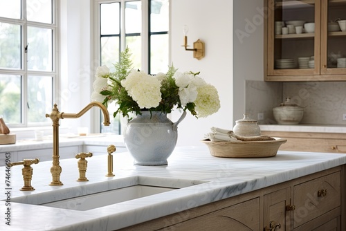 Elegant Marble Island Kitchen with Farmhouse Sinks and Bohemian Decor © Michael