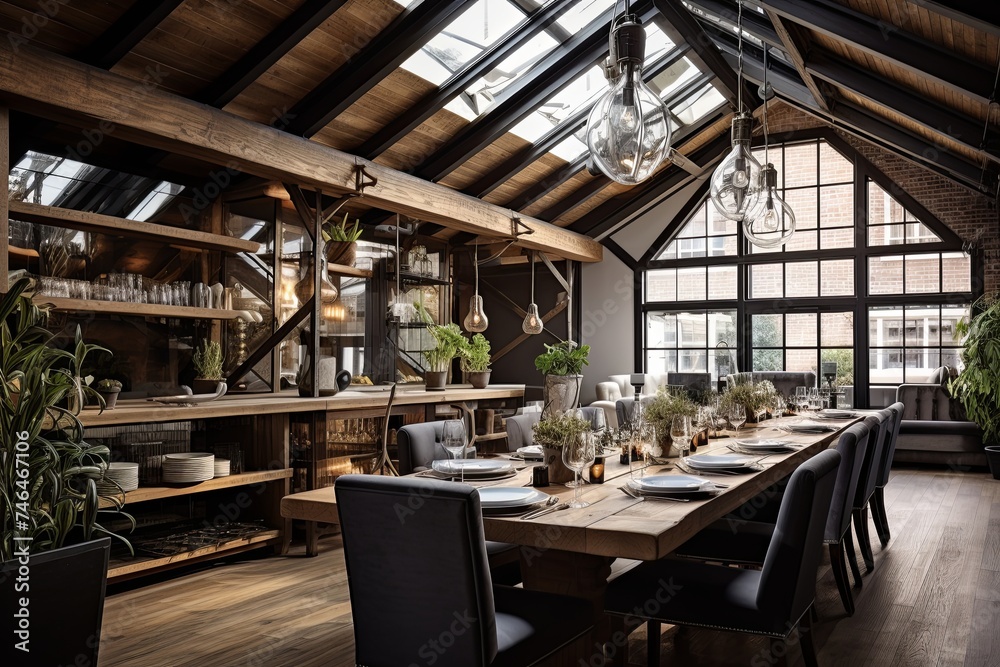 Rustic Charm: Exposed Beams and Ductwork in Urban Loft Dining Areas