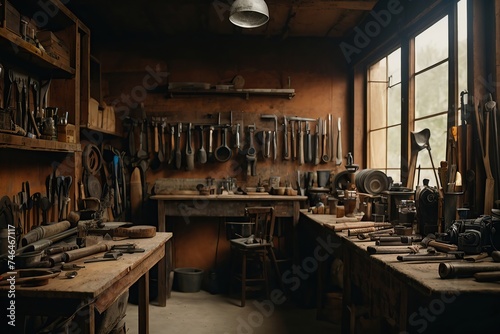 workshop scene old tools hanging on wall in workshop