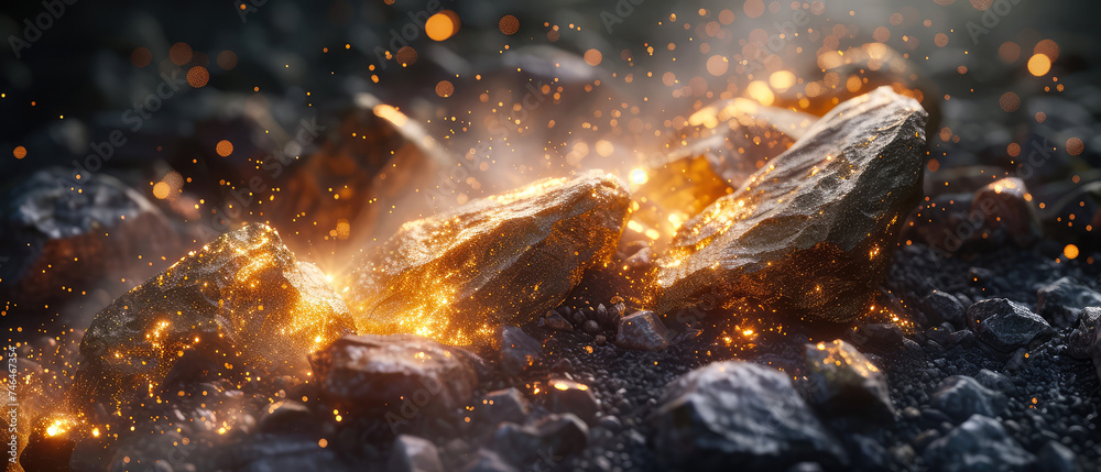 Naklejka premium Stone, shiny crystals.Textured background with exploding particles, golden elements, lights. explosion of rocks. Generative ai.
