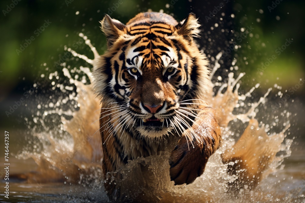 Tiger in the river, Tiger walking in water with water splash, Tiger in water. Dynamic Siberian Tiger Water bound Power in Motion.