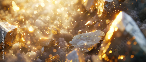 Stone  shiny crystals.Textured background with exploding particles  golden elements  lights. explosion of rocks. Generative ai.