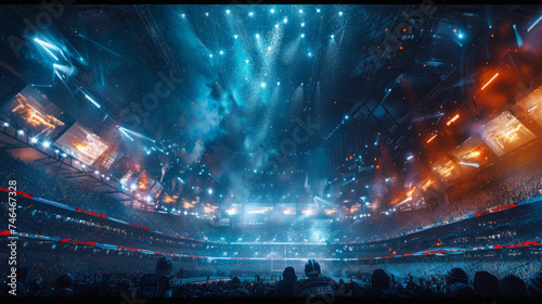 An expansive stadium is filled with spectators under a dazzling display of lights and pyrotechnics, creating an electrifying atmosphere at a significant sporting event.