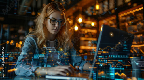 A focused young woman works intently on a laptop in a futuristic office setting with digital graphs overlaying the scene, suggesting data analysis, financial work, or programming.