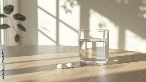 glass of water and pill on a wooden table with warm lighting, healthcare and wellness concept © angyim