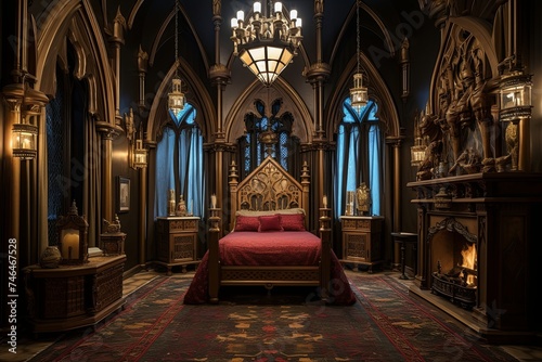 Gothic Revival Bedroom  Gilded Frames  Tall Candle Holders  and Opulent Rugs