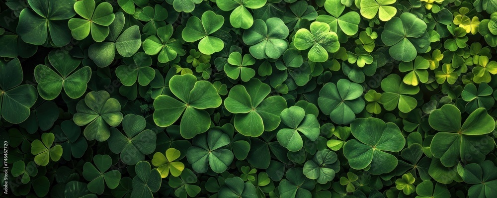 Detail of a green clover in wide banner shape. Patrick's Day theme. Detail of a green clover in wide banner shape. Patrick's Day theme.