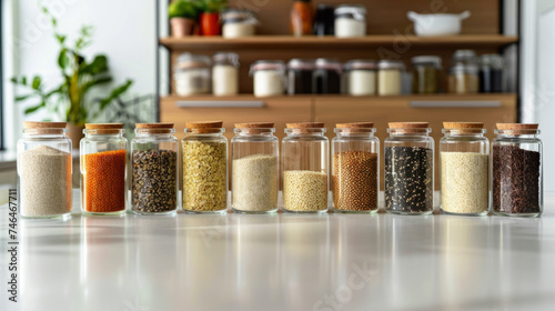 Glass jars filled with a variety of grains and spices lined up on a kitchen counter, showcasing an organized and healthy pantry with a blurred background of shelves stocked with more ingredients.