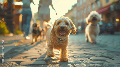 Dog walking on urban street, happy animals.