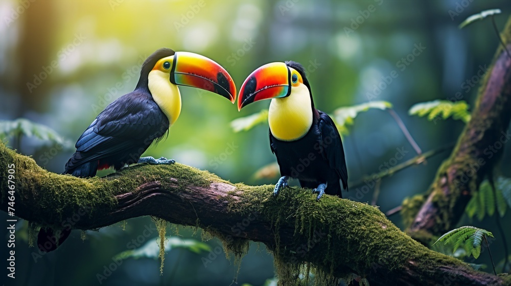 Fototapeta premium Two Toucan on a branch, Two toucan sitting on a branch, Two Toco Toucan Birds on the Branch.