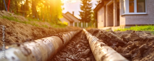 Sewage pipes instaling on the construction of a house photo
