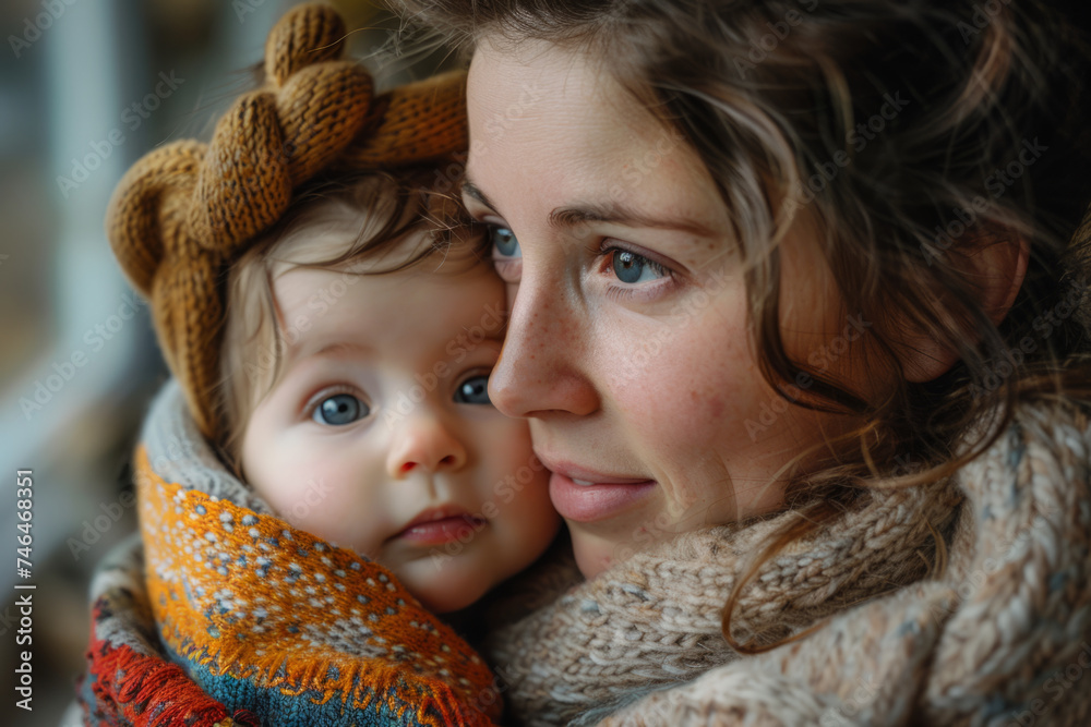 A mother embracing her young child. Both are dressed in cozy, knitted winter clothing. A mother embracing her young child. Both are dressed in cozy, knitted winter clothing.