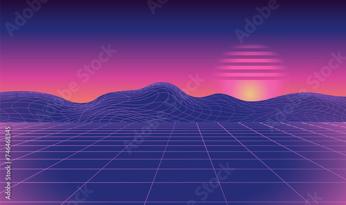 Futuristic retro landscape with flat grid and mountains. Vector futuristic illustration in retro 80s style. Digital Retro Cyber Surface. Suitable for design in the style of the 1980s.
