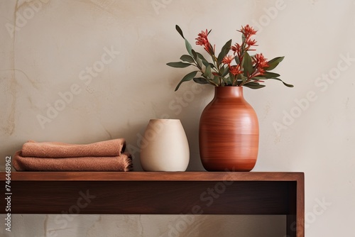 Terracotta Vase on Wooden Shelf: Industrial Minimalist Bathroom Inspirations