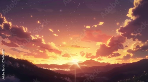 Tranquil Anime Landscape with Silhouetted Mountain Range at Sunset AI Generated.