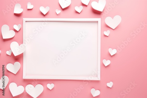 White frame surrounded by paper hearts on pink surface. Love Frame with White Hearts © Оксана Олейник