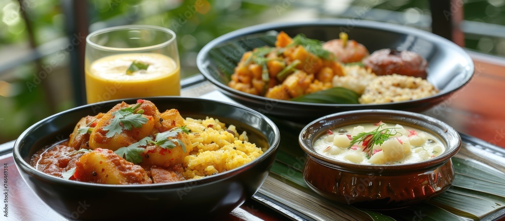 Three ceramic bowls filled with food are neatly placed on a wooden table. The bowls are of different shapes and sizes, containing a variety of dishes such as soup, salad, and pasta. Three ceramic bowls filled with food are neatly placed on a wooden table. The bowls are of different shapes and sizes, containing a variety of dishes such as soup, salad, and pasta.
