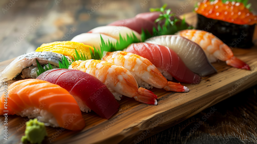 A beautifully presented platter of assorted sushi featuring fresh nigiri and sashimi, ai generated A beautifully presented platter of assorted sushi featuring fresh nigiri and sashimi, ai generated
