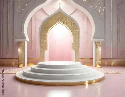 Product stage podium, white gold and pink color with light sparkle, abstract, luxury feel
