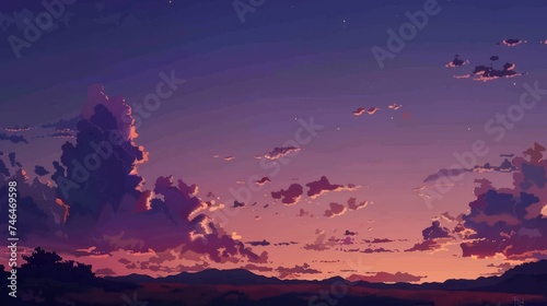 Distant Mountain Range in Vibrant Anime Sunset Sky AI Generated.